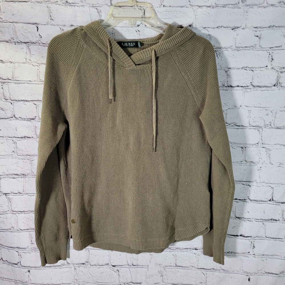 Lauren Ralph Lauren Sweater Womens Large Olive Green Waffle Knit Hoodie